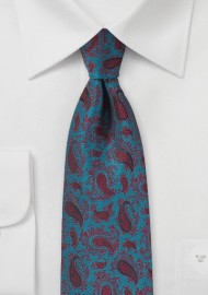 Teal Blue and Cherry Red Paisley Tie