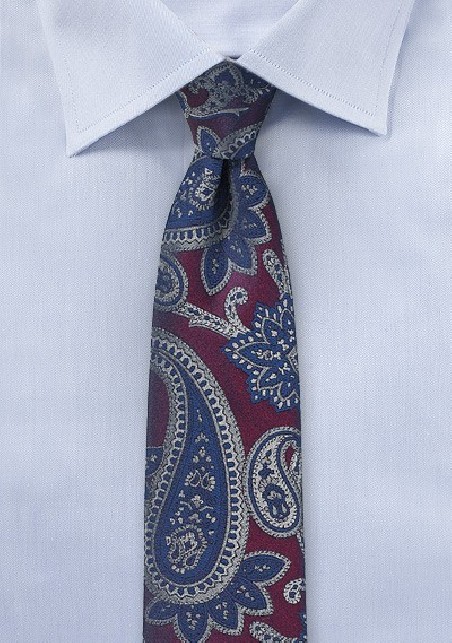 Plum Color Skinny Tie with Silver and Blue Paisleys