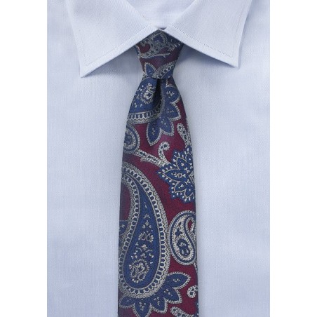 Plum Color Skinny Tie with Silver and Blue Paisleys
