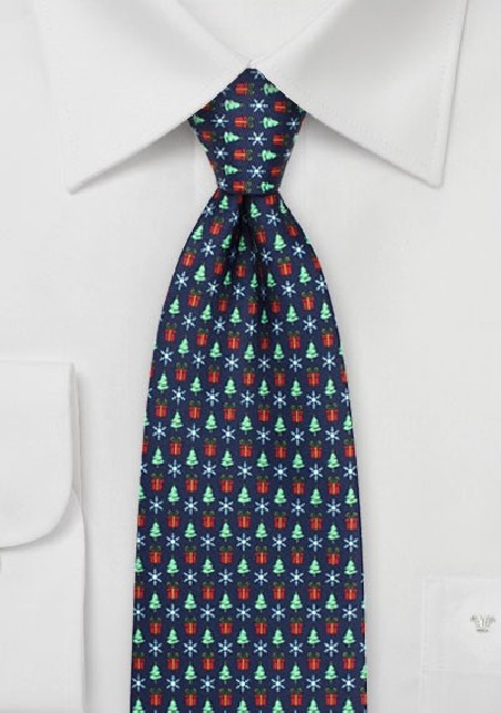 Holiday Tie with Trees, Presents, and Snowflakes in Navy