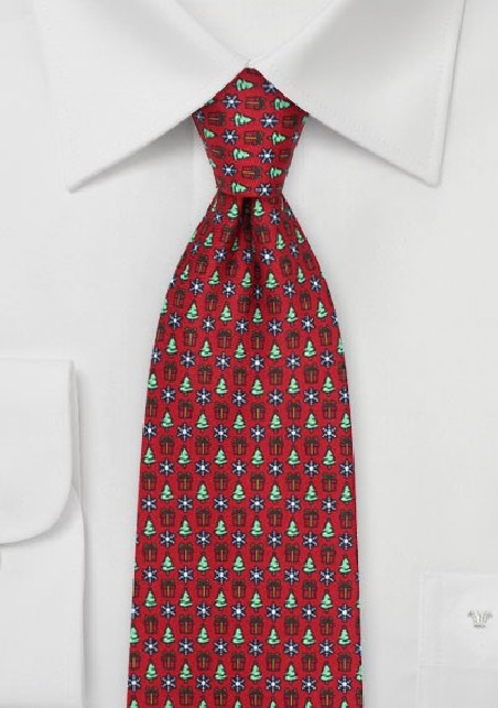 Holiday Tie with Presents, Trees, and Snowflake Print