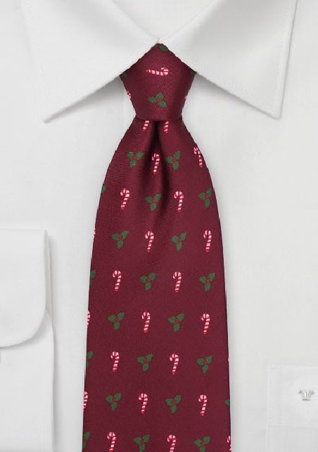 Candy Canes and Mistletoes Tie in Burgundy