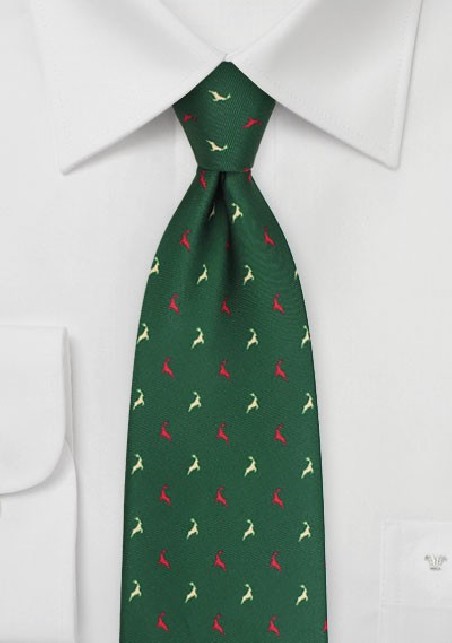 Dark Green Tie with Reindeer Print in Red and Cream