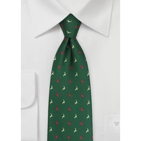 Dark Green Tie with Reindeer Print in Red and Cream