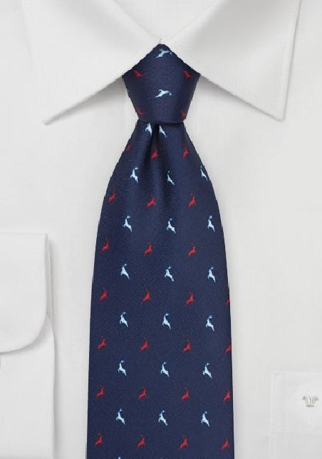 Reindeer Print Tie in Navy, Red, and White