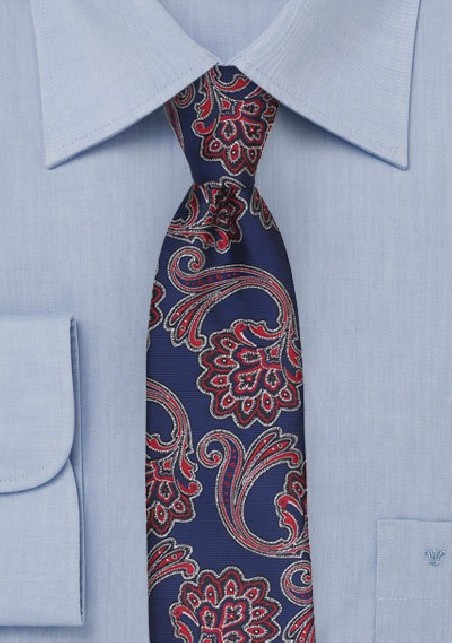 Royal, Red, White Paisley Skinny Tie