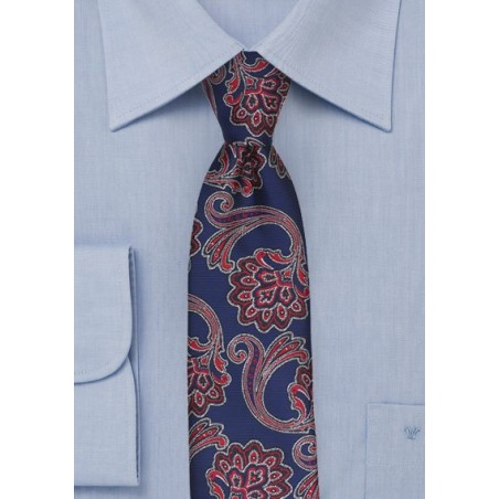 Royal, Red, White Paisley Skinny Tie