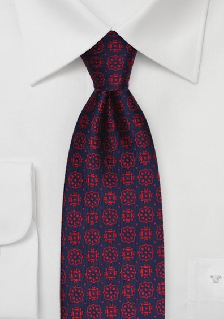 Woven Medallion Pattern Tie in Navy and Red