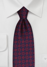 Woven Medallion Pattern Tie in Navy and Red
