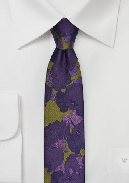 Skinny Floral Tie in Chartreuse Green and Purple