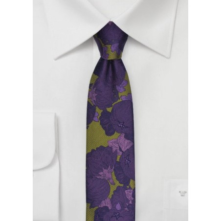 Skinny Floral Tie in Chartreuse Green and Purple