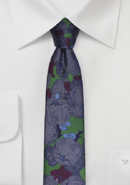 Skinny Floral Silk Tie in Forest Green and Purple