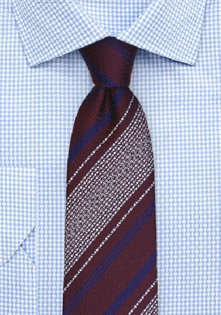 Burgundy Tie with Retro Stripes in Navy and Silver
