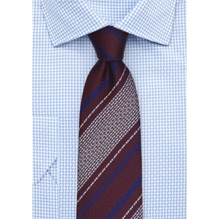 Burgundy Tie with Retro Stripes in Navy and Silver