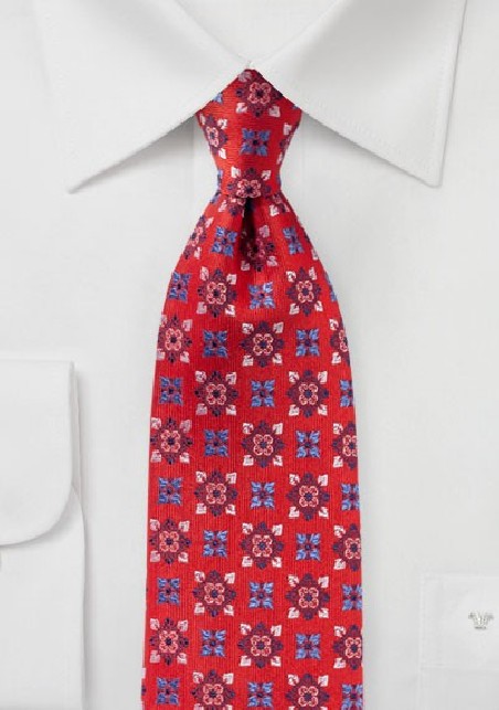 Bright Red Medallion Design Silk Tie