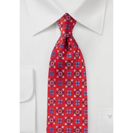 Bright Red Medallion Design Silk Tie
