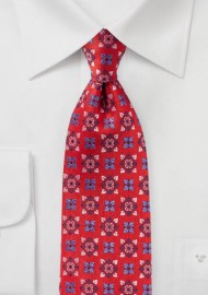 Bright Red Medallion Design Silk Tie