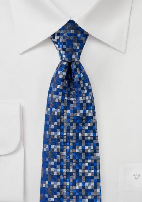 Blue and Gray Patchwork Check Tie