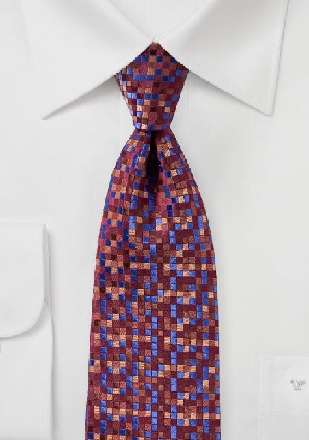Patchwork Check Tie in Wine Red