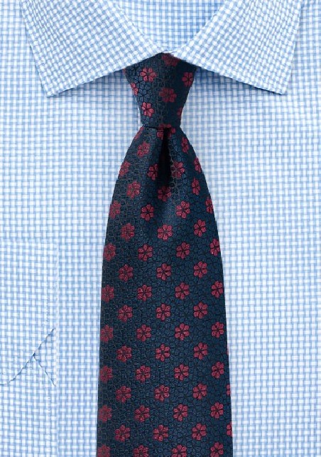 Woven Floral Tie in Midnight Blue and Merlot Red