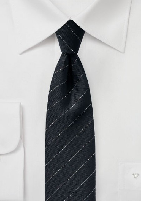Trendy Designer Skinny Tie in Black and Metallic Silver