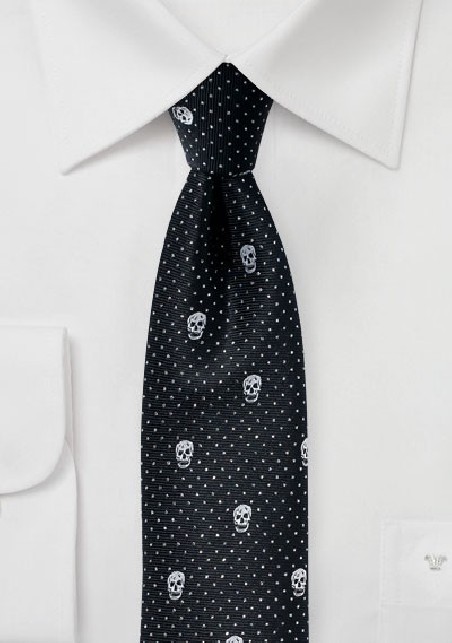 Black Skinny Tie with Metallic Skull Design
