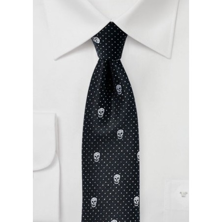 Black Skinny Tie with Metallic Skull Design