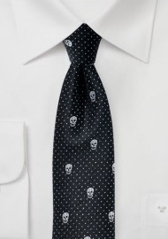 Black Skinny Tie with Metallic Skull Design