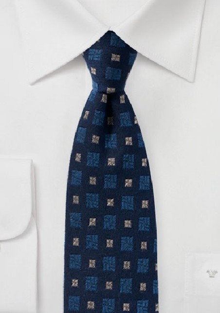 Navy Blue Wool Tie with Medallion Design