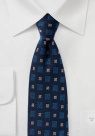 Navy Blue Wool Tie with Medallion Design