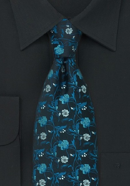 Black Tie with exotic Teal Floral Pattern