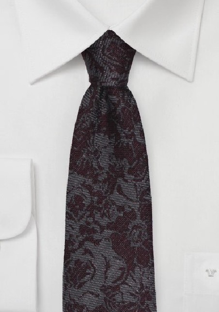 Gray Skinny Tie Burgundy Florals