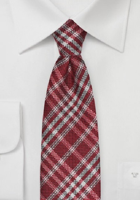 Plaid Tie in Crimson Red and Silver