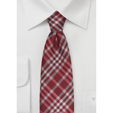 Plaid Tie in Crimson Red and Silver