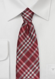 Plaid Tie in Crimson Red and Silver