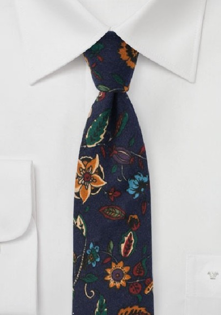 Dark Navy Flannel Print Floral Tie