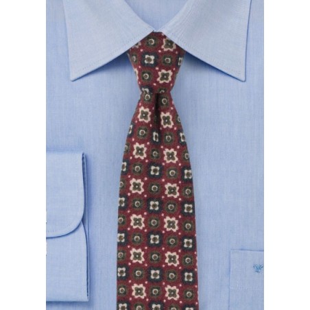 Burgundy Flannel Tie with Retro Print