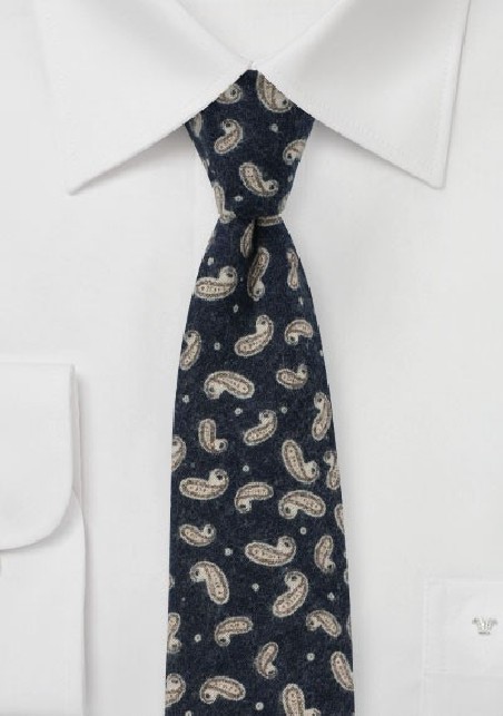 Flannel Cotton Print Tie in Navy with Paisley Design