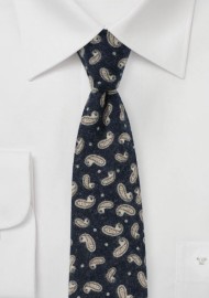 Flannel Cotton Print Tie in Navy with Paisley Design