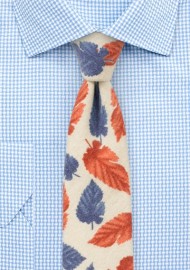 Cream, Red, and Blue Leaf Print Tie