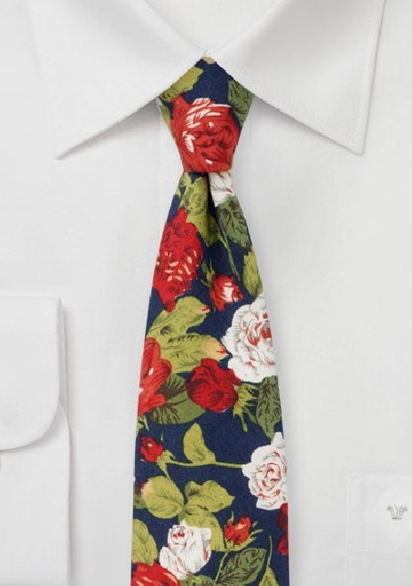 Rose Pattern Tie in Navy, Red, White, and Green