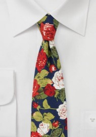 Rose Pattern Tie in Navy, Red, White, and Green