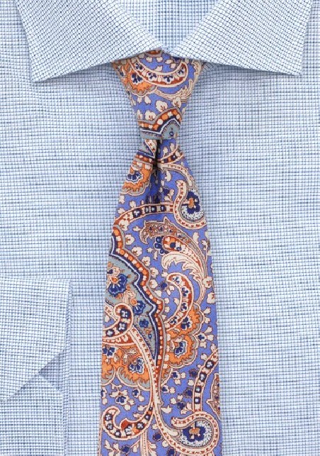 Cotton Paisley Tie in Pastel Blue and Orange