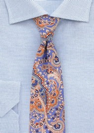 Cotton Paisley Tie in Pastel Blue and Orange