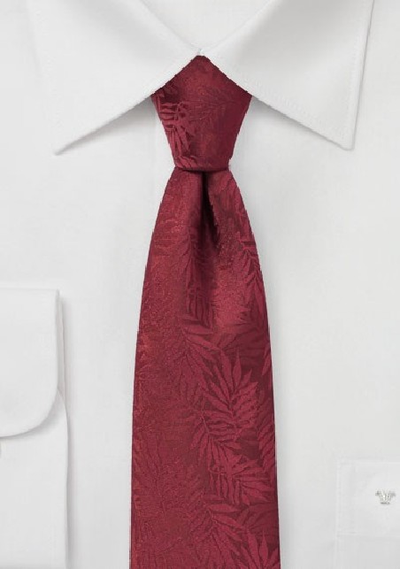 Wine Red Skinny Tie with Tropical Leaves