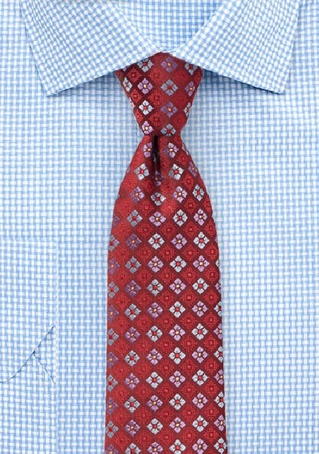 Cherry Red Tie with Florals in Lavender and Sky Blue