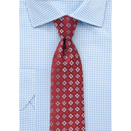 Cherry Red Tie with Florals in Lavender and Sky Blue