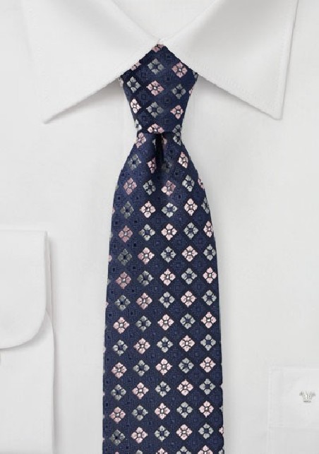Checkered Flora Tie in Navy and Pink