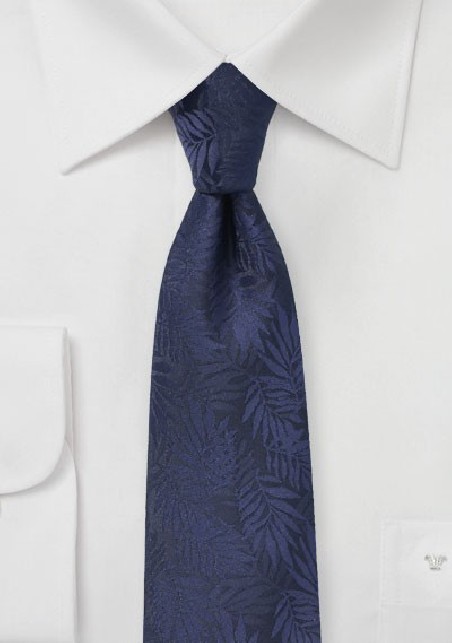 Dark Navy Skinny Tie with Tropical Leaf Design