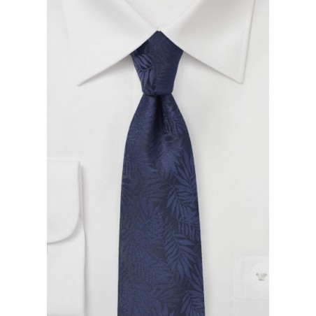 Dark Navy Skinny Tie with Tropical Leaf Design